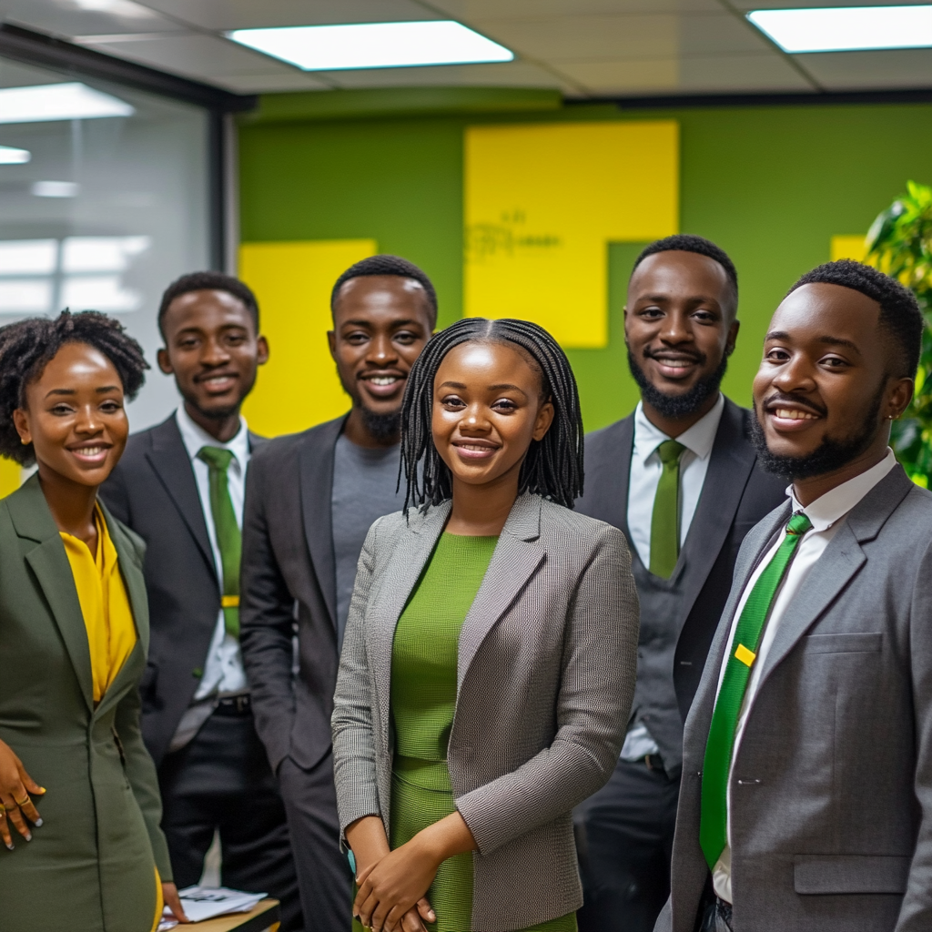 Africans in grey and green clothes smiling image pitch.