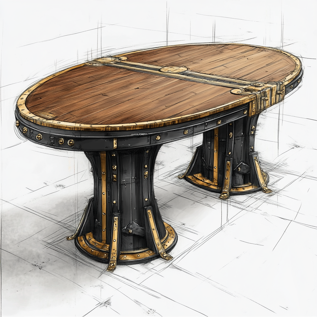 Aged industrial dining table with brass details and oak