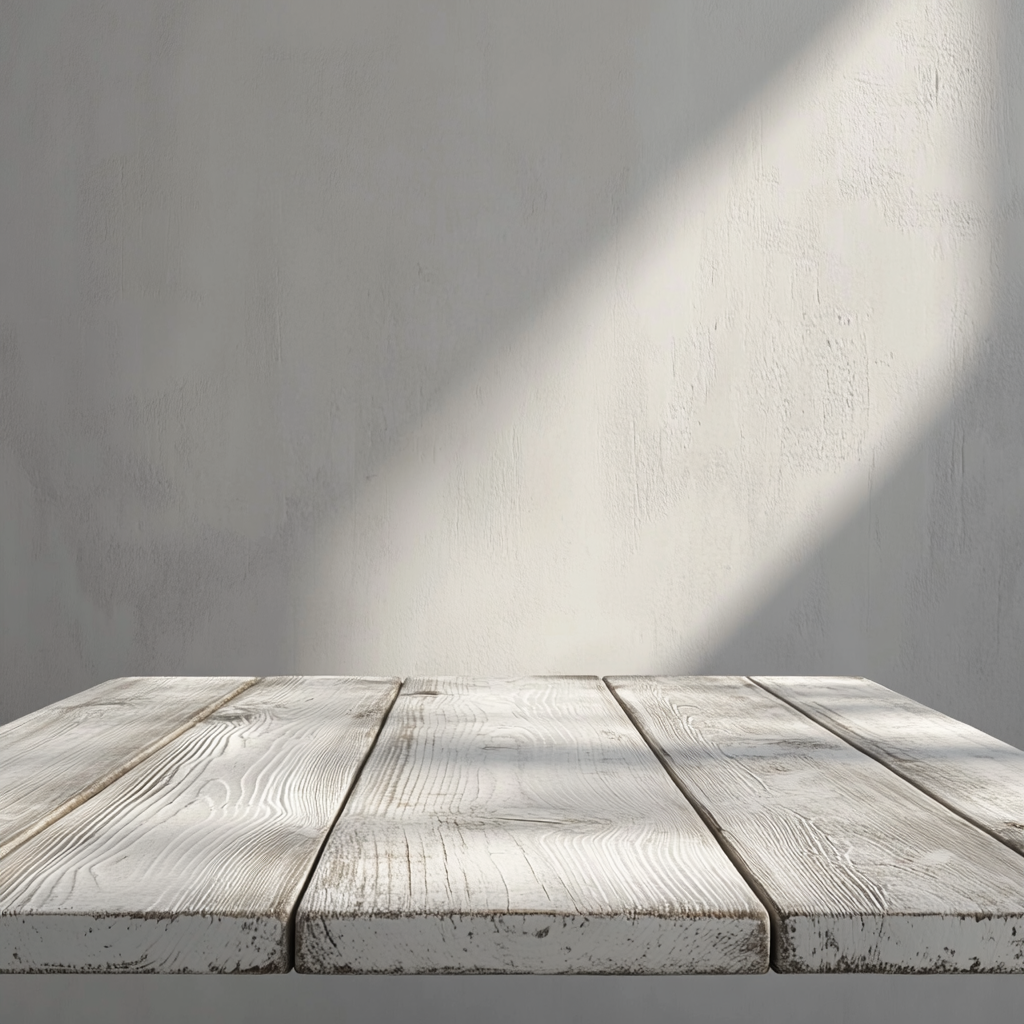 Aged white wooden table with spotlight, minimalist style