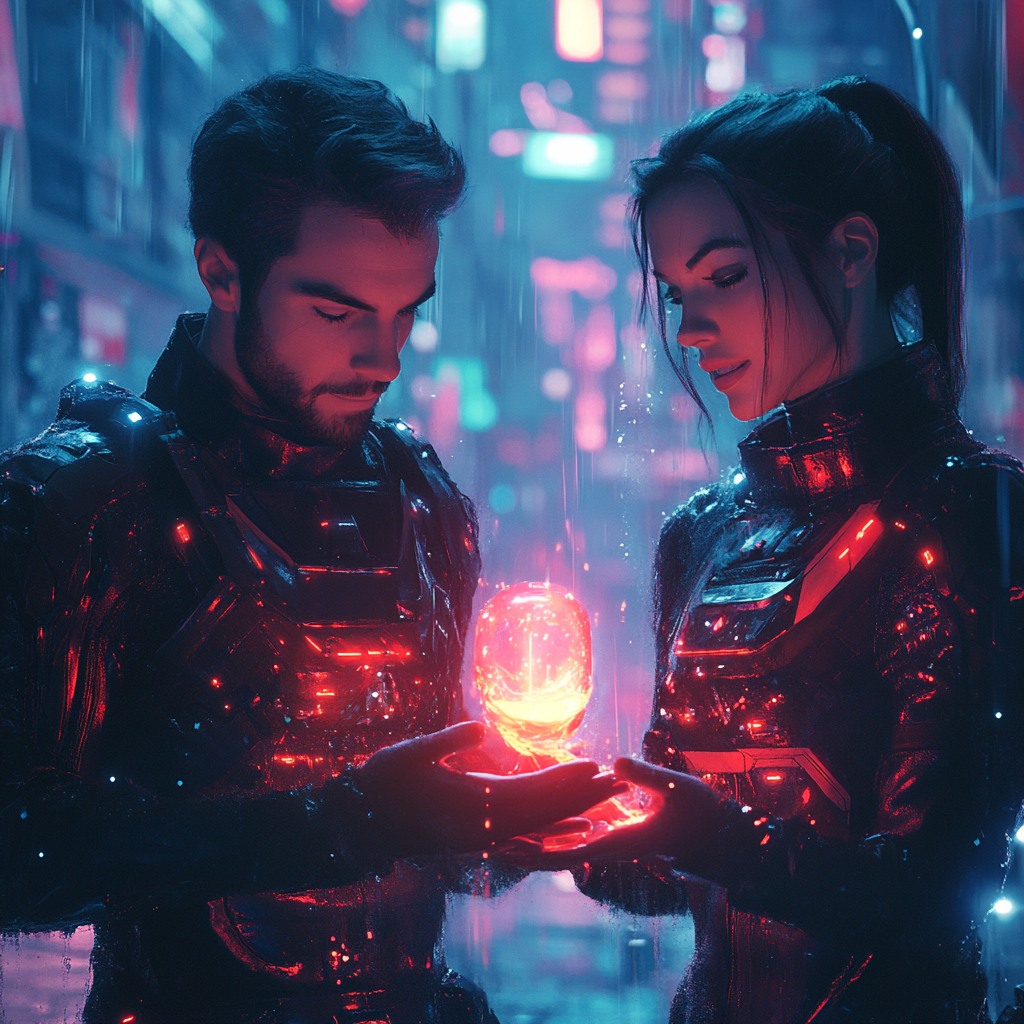 Agents holding glowing magical pill in futuristic setting