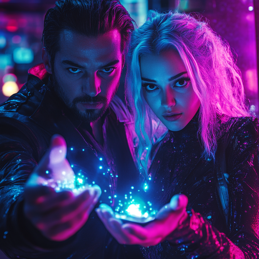 Agents with magical pills in neon sci-fi setting