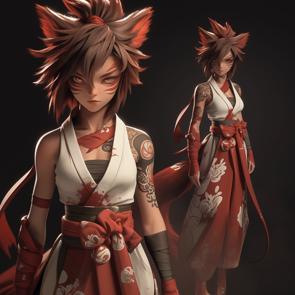 Aggressive kitsune girl in red and white kimono.