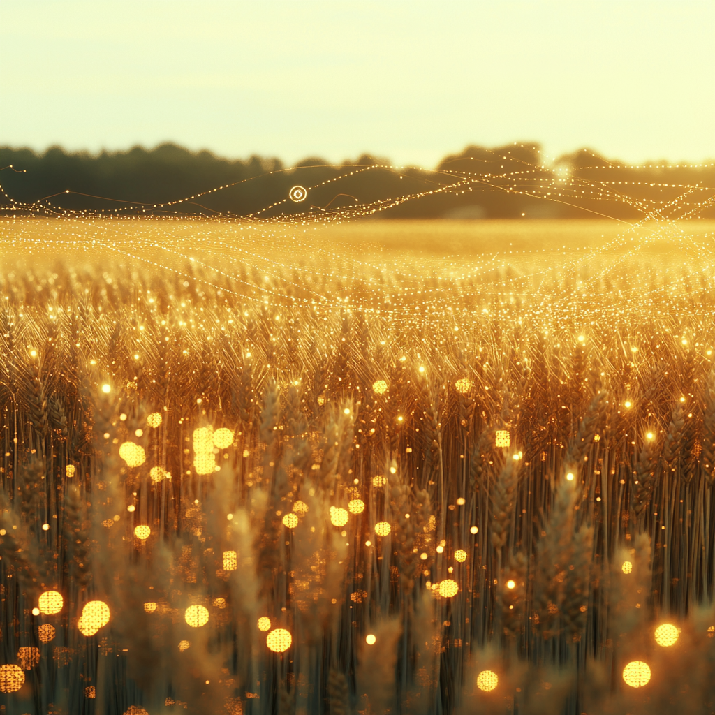 Agricultural field with glowing digital lines connecting wheat stalks.