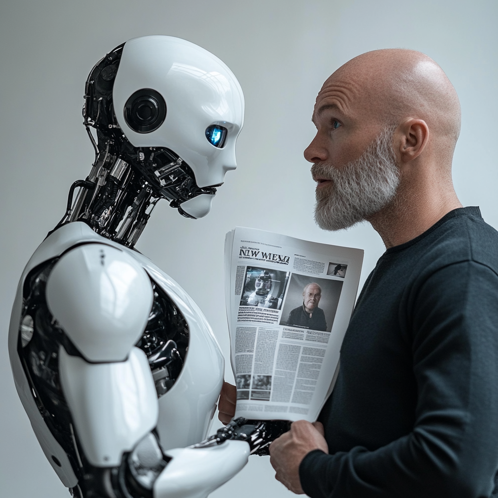 Ai Robot Presents Hologram Newspaper to Bald Swedish Man