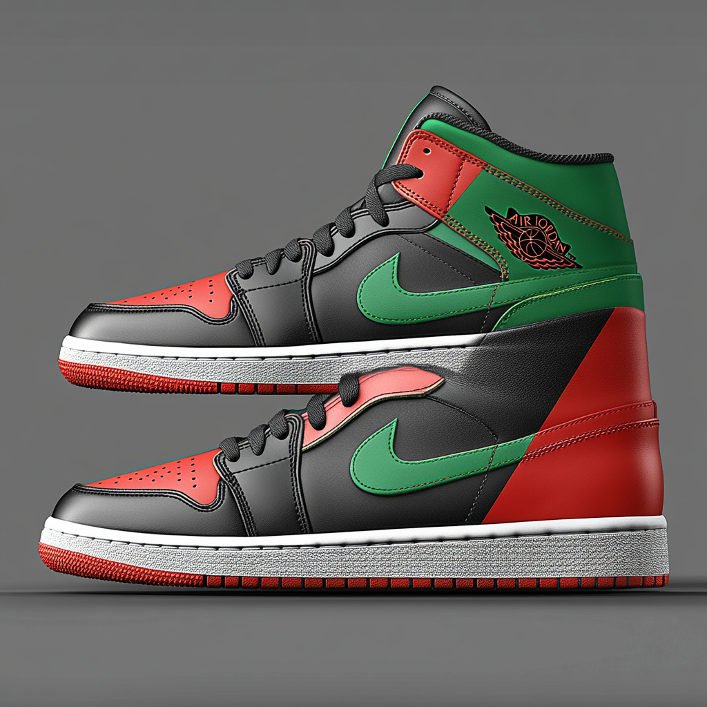 Air Jordan sneakers with red, green, and black flag design.