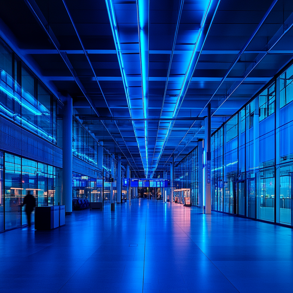 Airport Hamburg, drones patrol security zones, AR billboards hover. Neon lights reflect on shiny metal architecture, security monitors crowds.