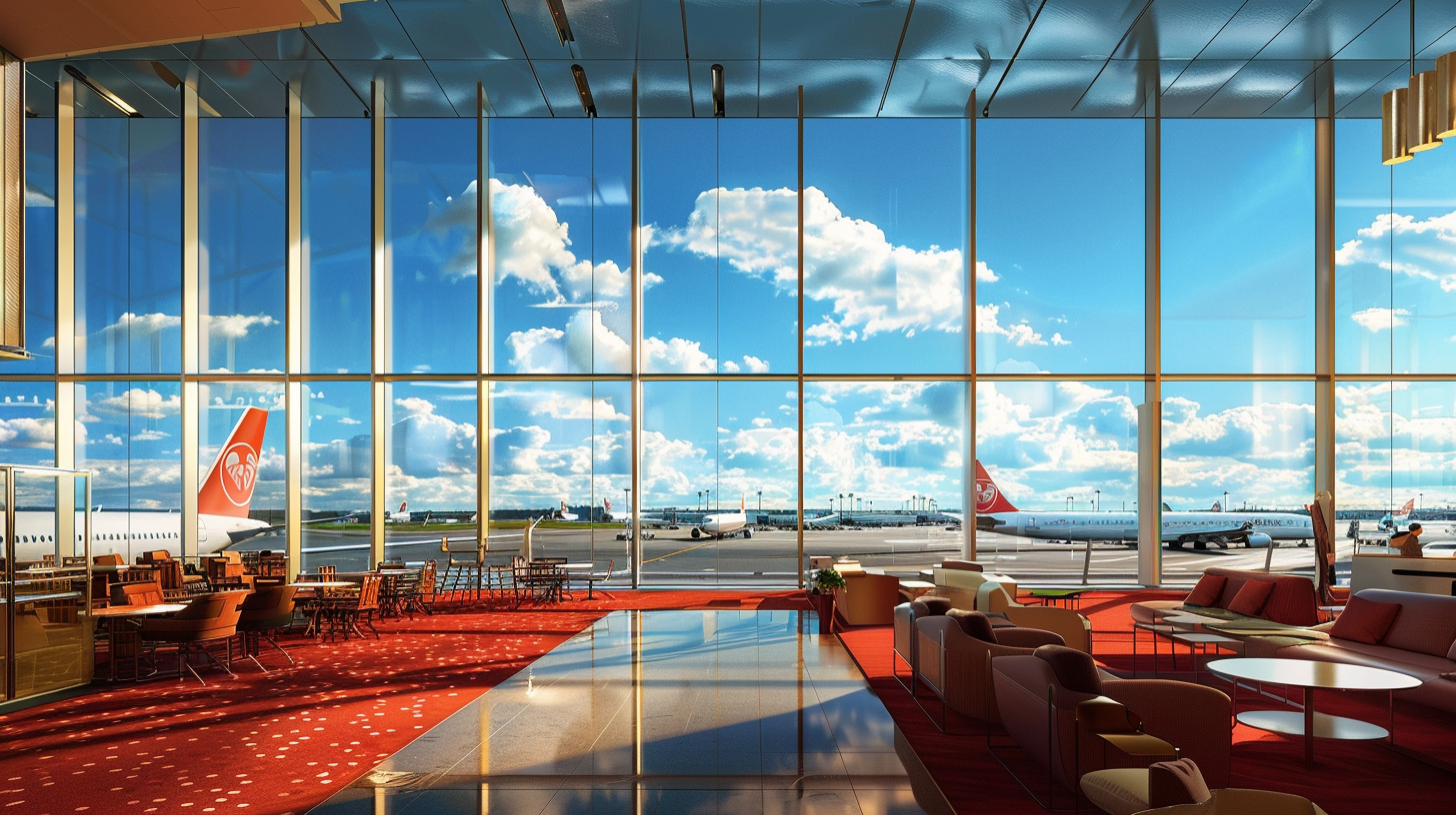 Airport Lounge View with Glass Windows and Airplanes