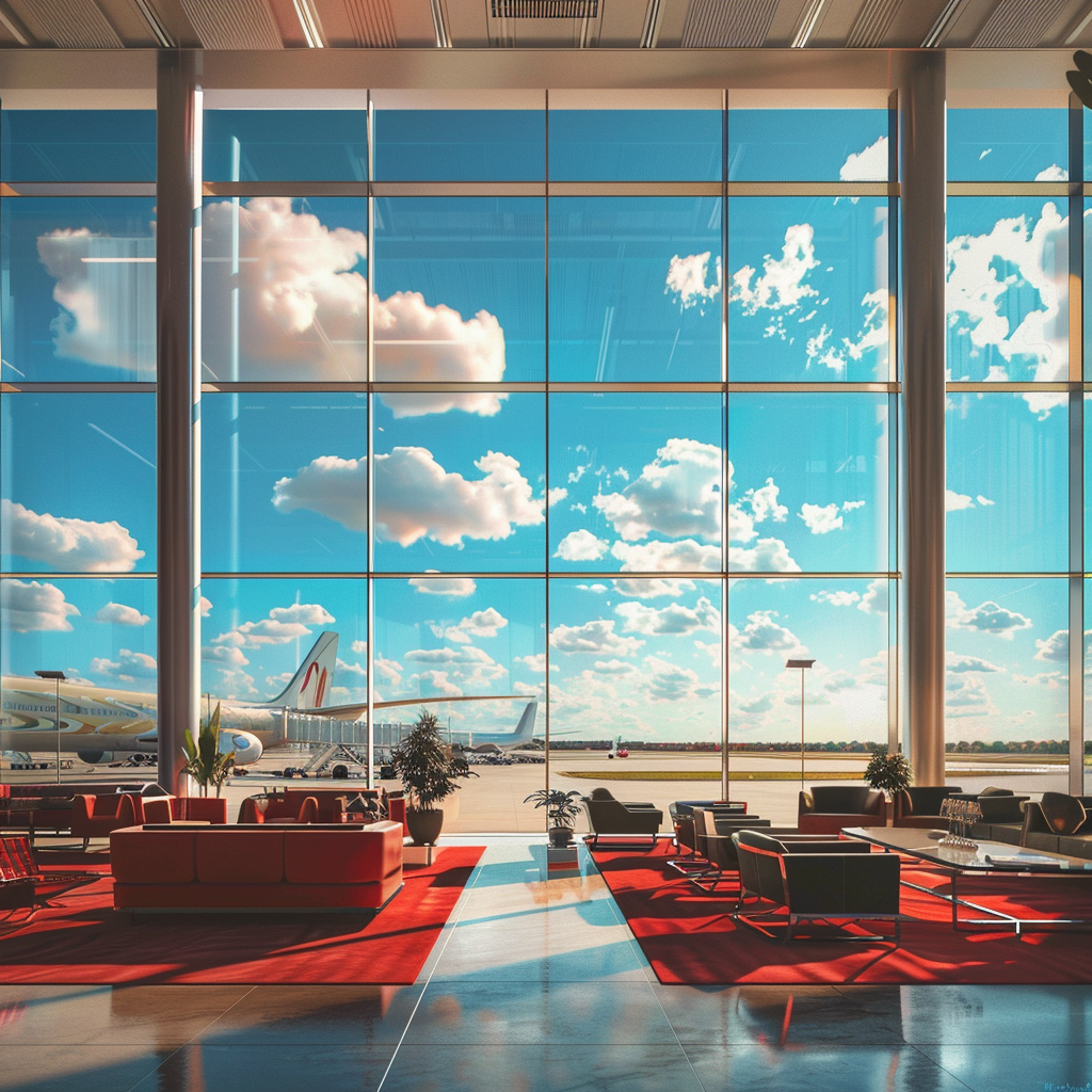 Airport Lounge with Large Windows and Red Carpet