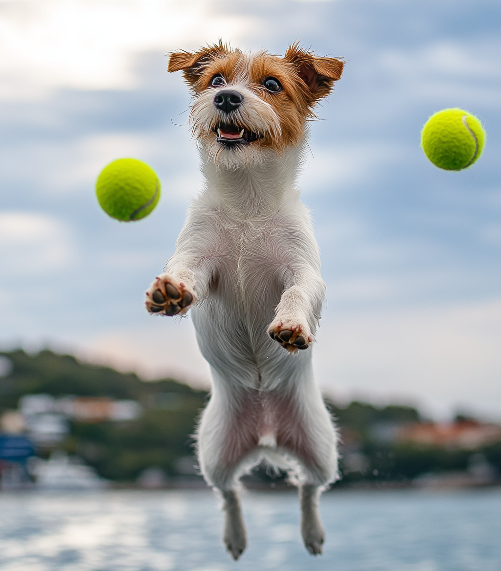 Alabai Dog Catching Tennis Balls on Island