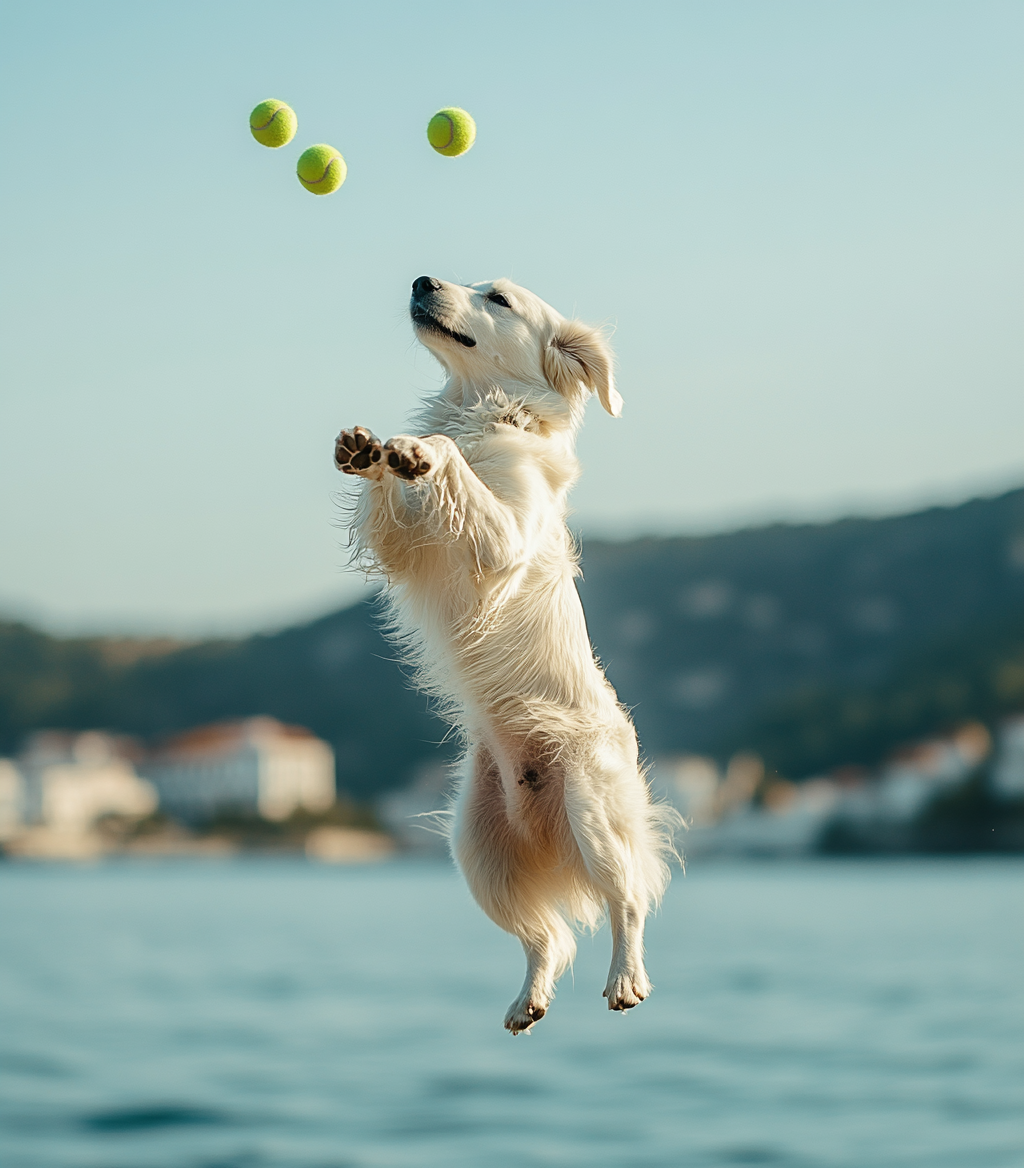 Alabai dog jumps to catch tennis balls