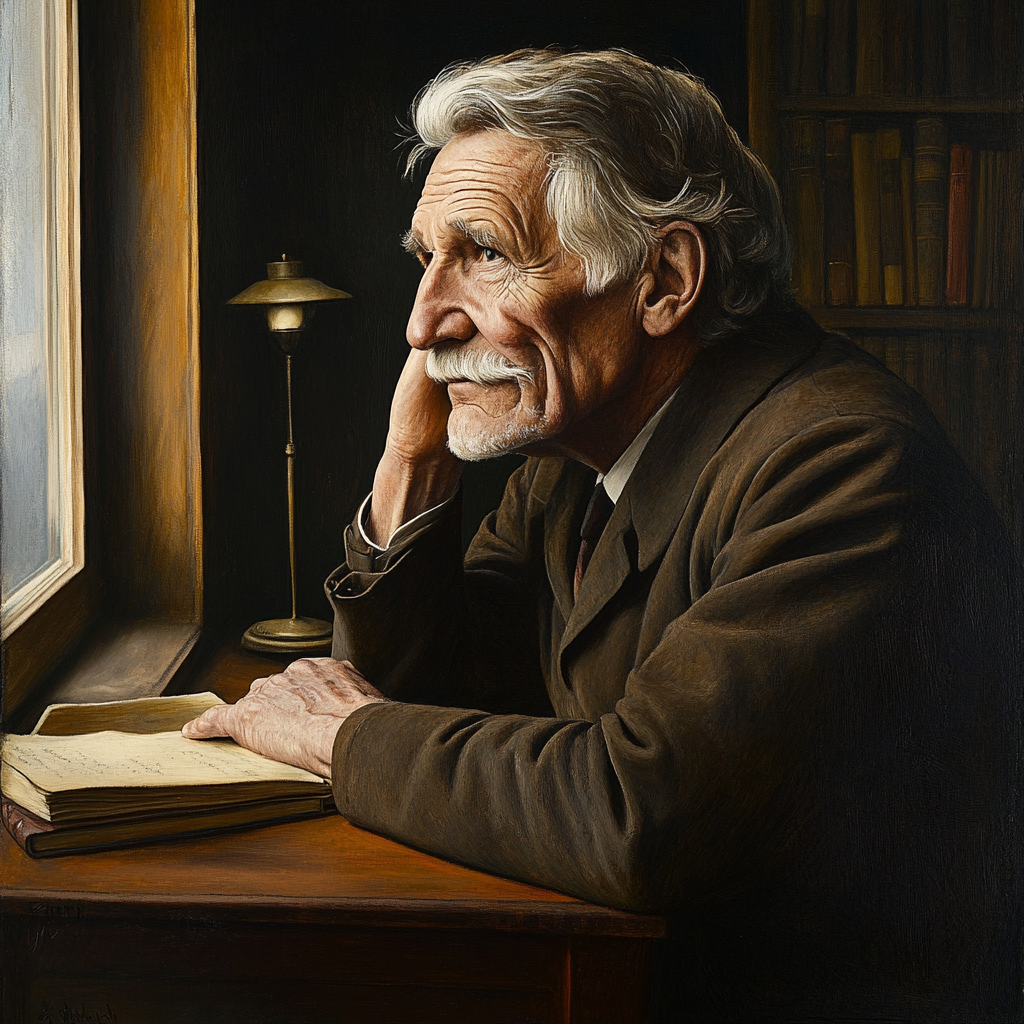 Albert Schweitzer in 20th-century academic attire in study.