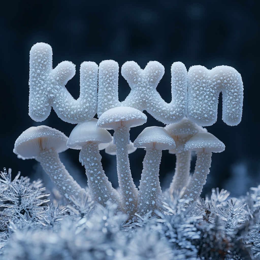 Albino mushrooms spell kuuxum in icy scene.