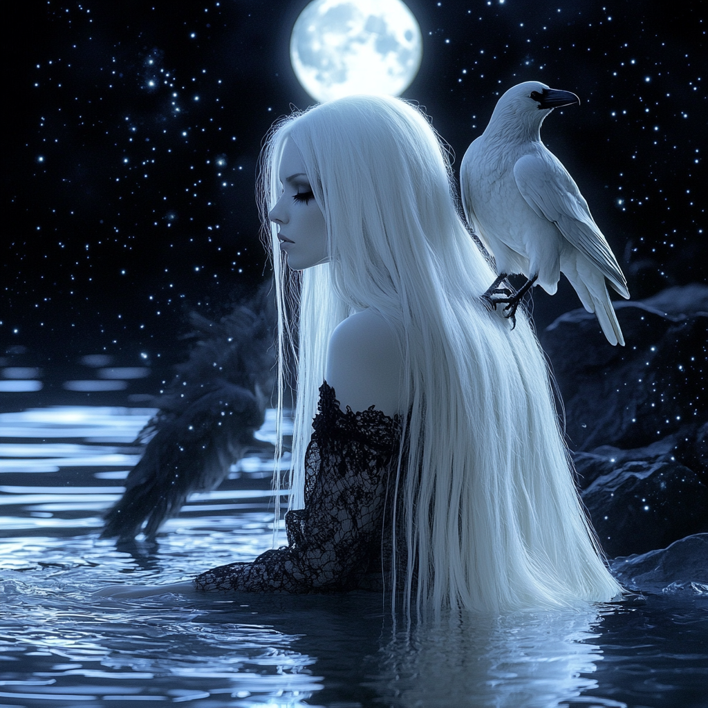 Albinowoman with long white hair in moonlit lake.