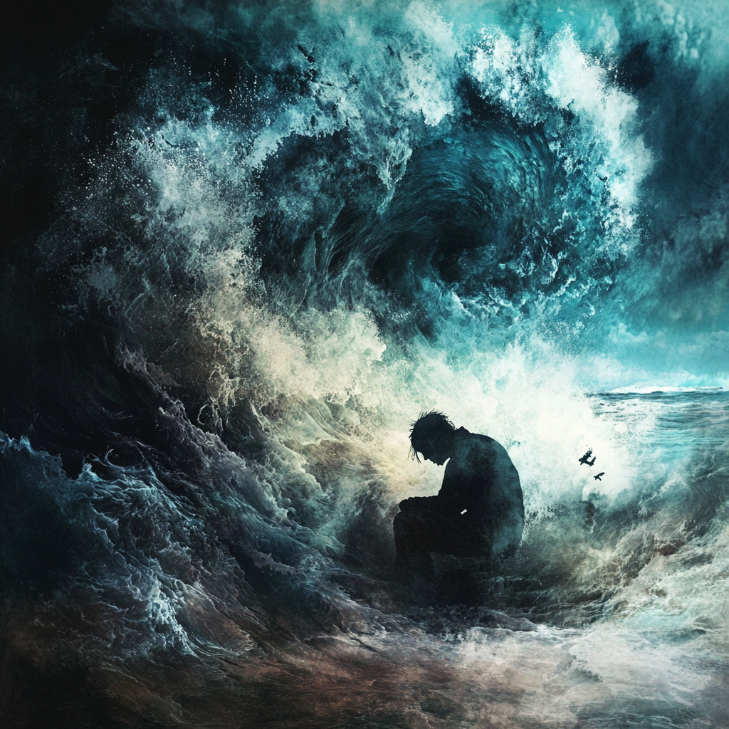 Album Cover Design: Figure Overwhelmed by Crashing Waves