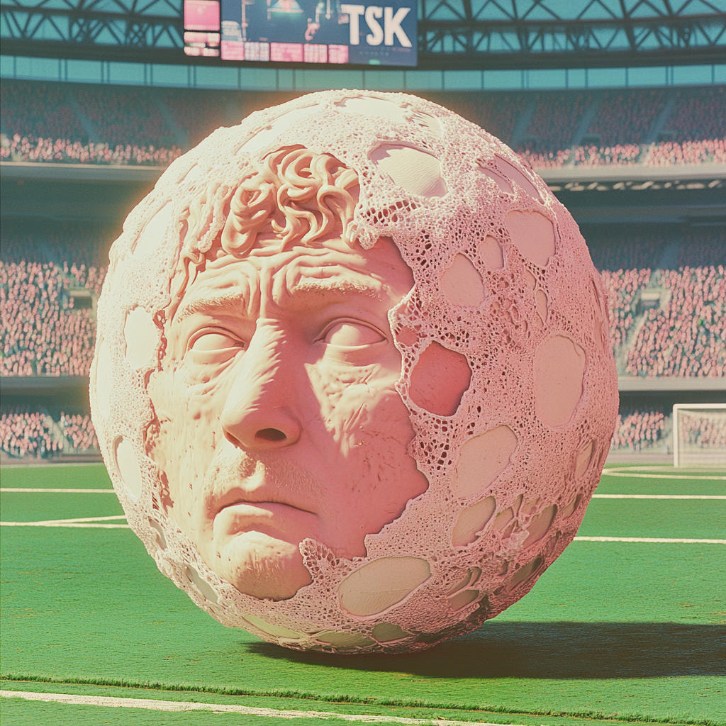 Album cover features man-headed lace soccer ball.