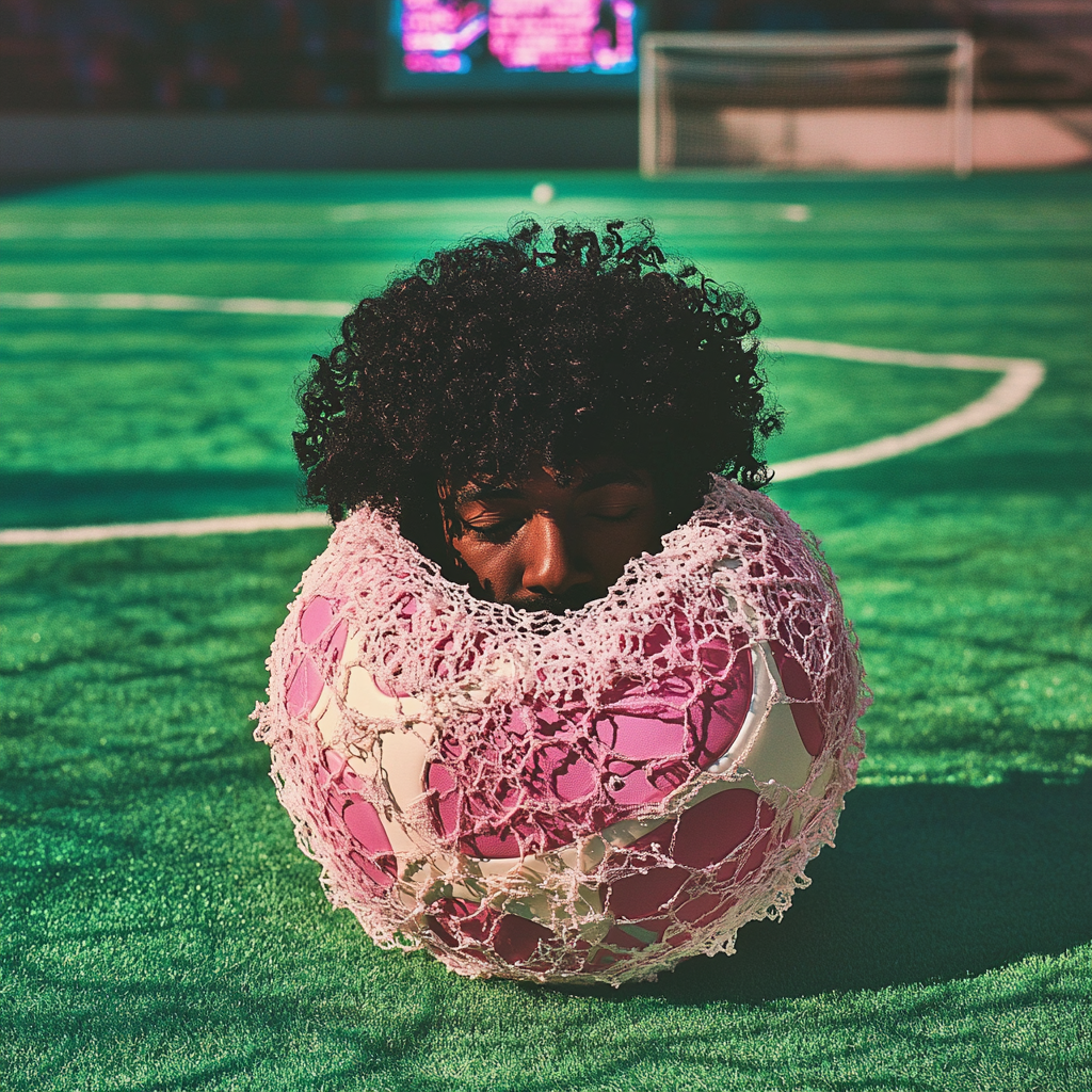 Album cover on green soccer field with pink ball, man with curly hair and FIFA game screen.