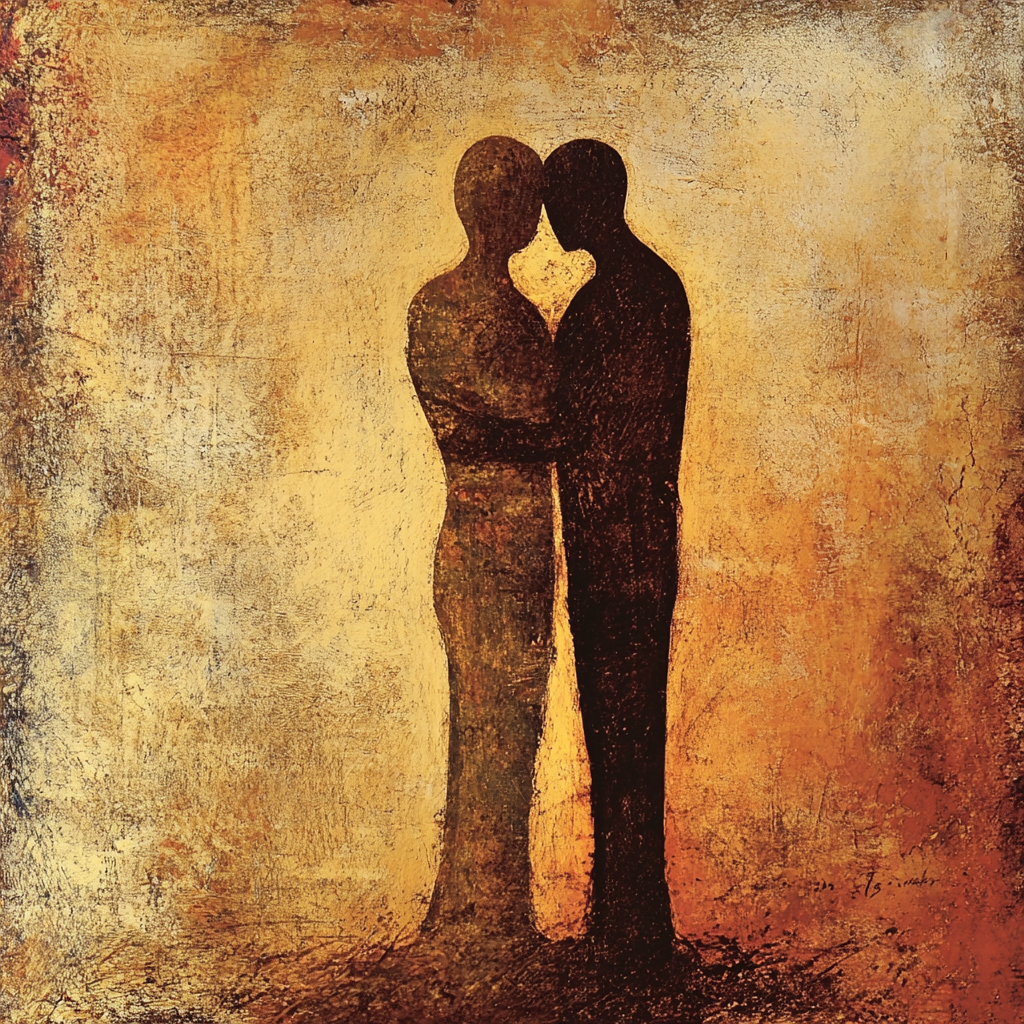 Album cover: Figures connecting in a supportive moment. Warm colors.