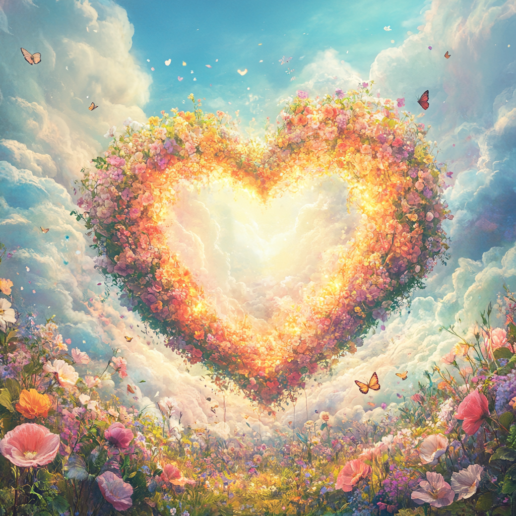 Album cover: garden with blooming flowers, heart-shaped, warmth.