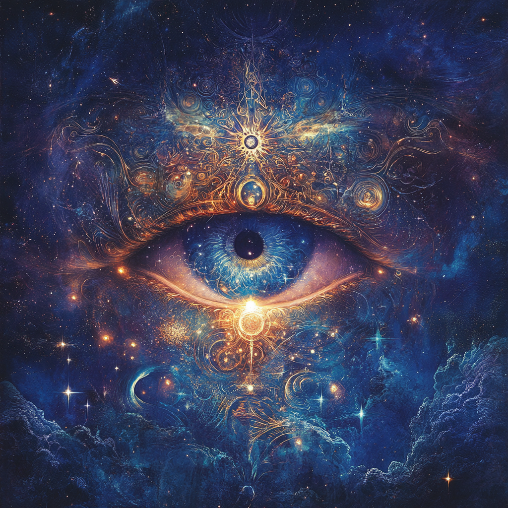 Album cover: mystical eye with celestial patterns, glowing subtly.