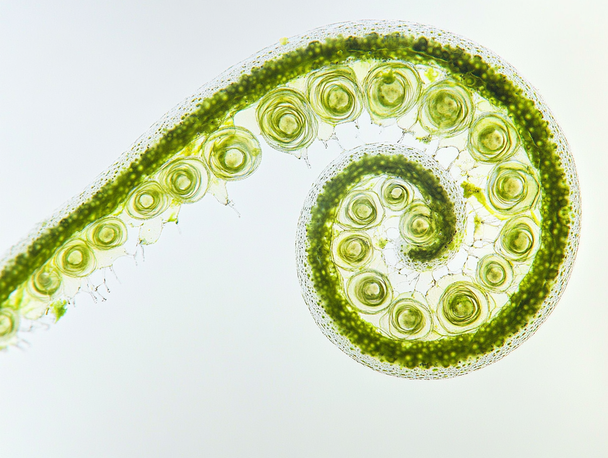 Algae patterns, undulating waves, spiral shapes, circular halos.