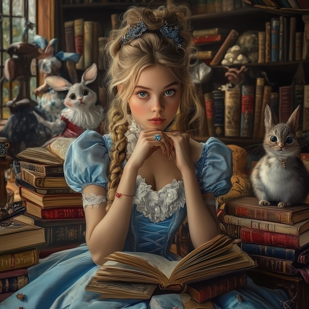 Alice's enchanted birthday party with books and characters.