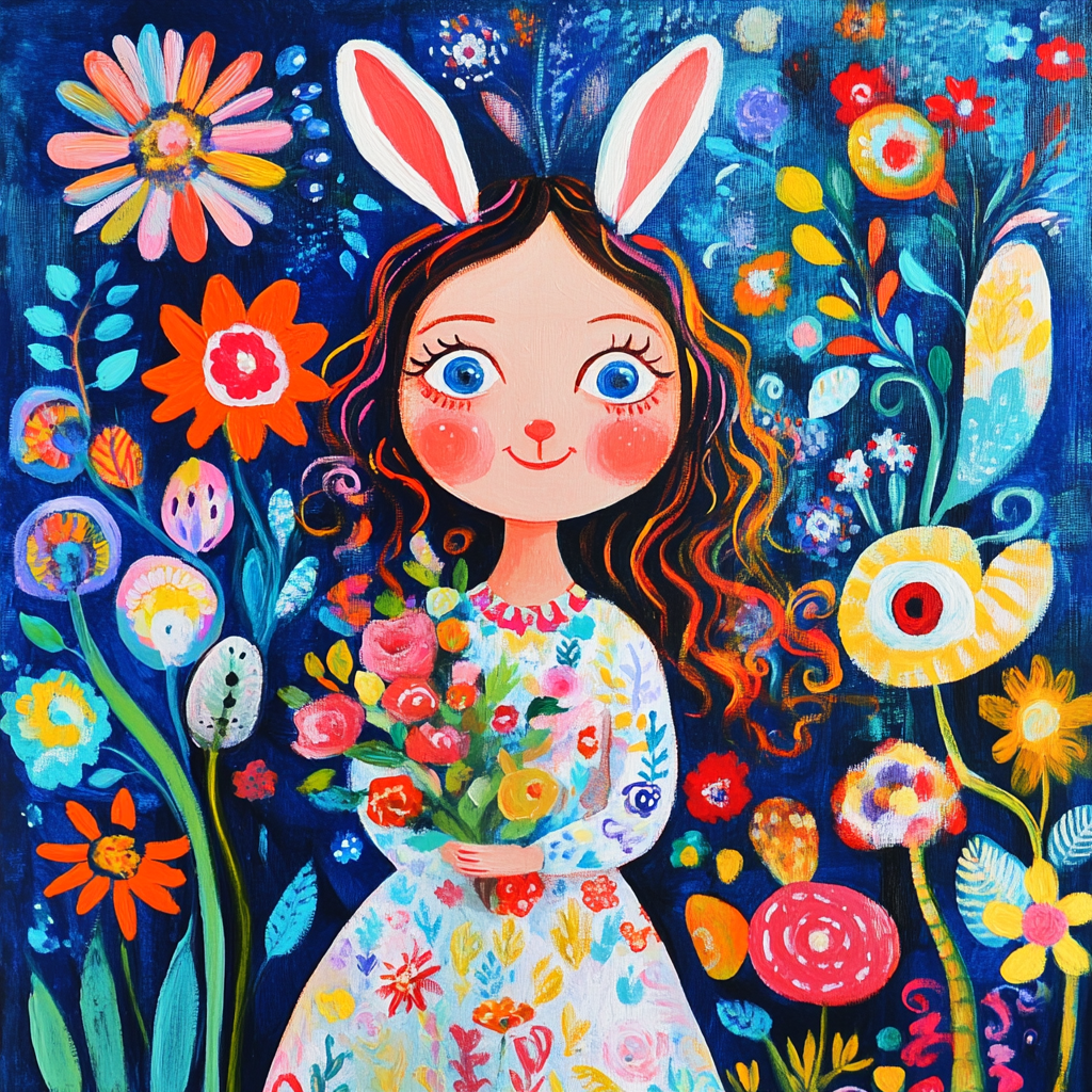 Alice in Wonderland illustration: girl with rabbit, flowers.