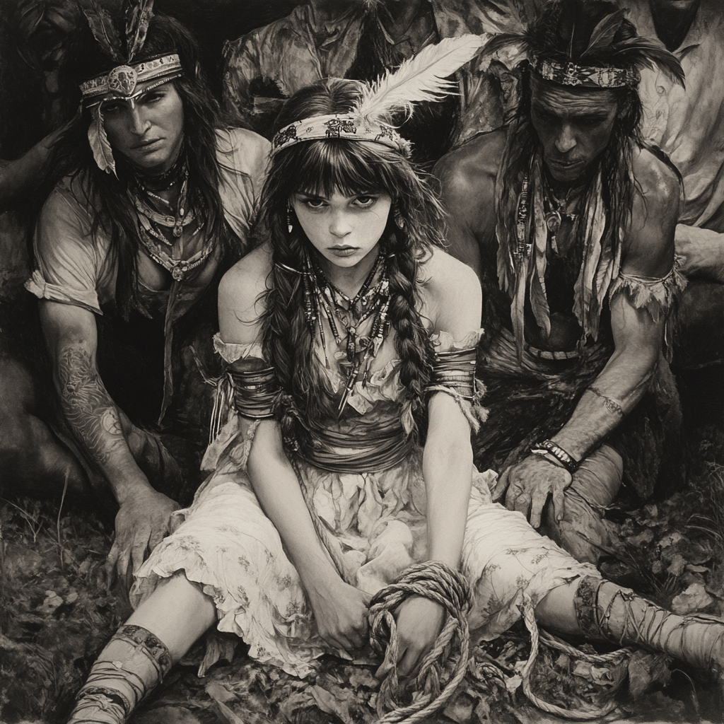 Alice tied up by Indians with menacing looks.