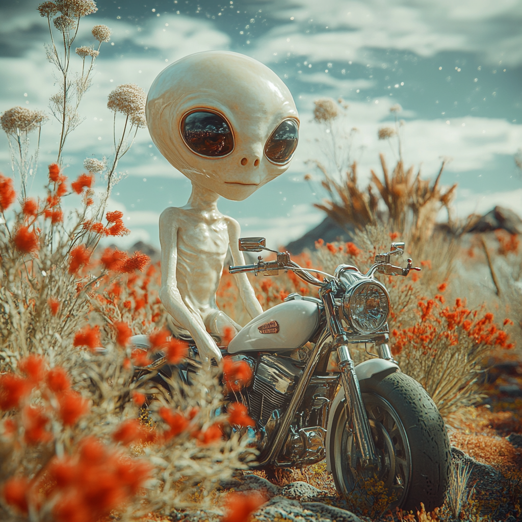 Alien Guarding Motorcycle in Extraterrestrial World