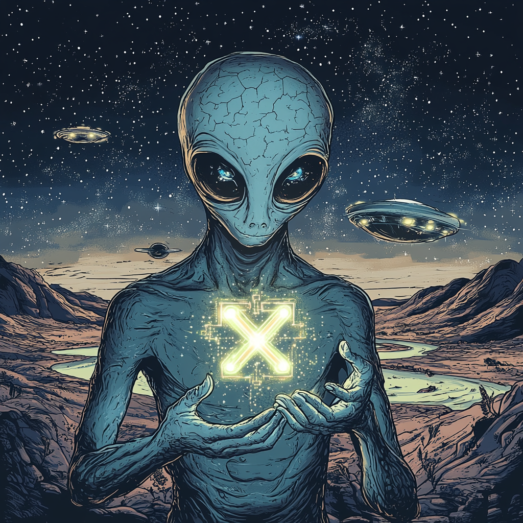 Alien Holding Glowing X Microchip, UFO, Rivers, Constellation Sky