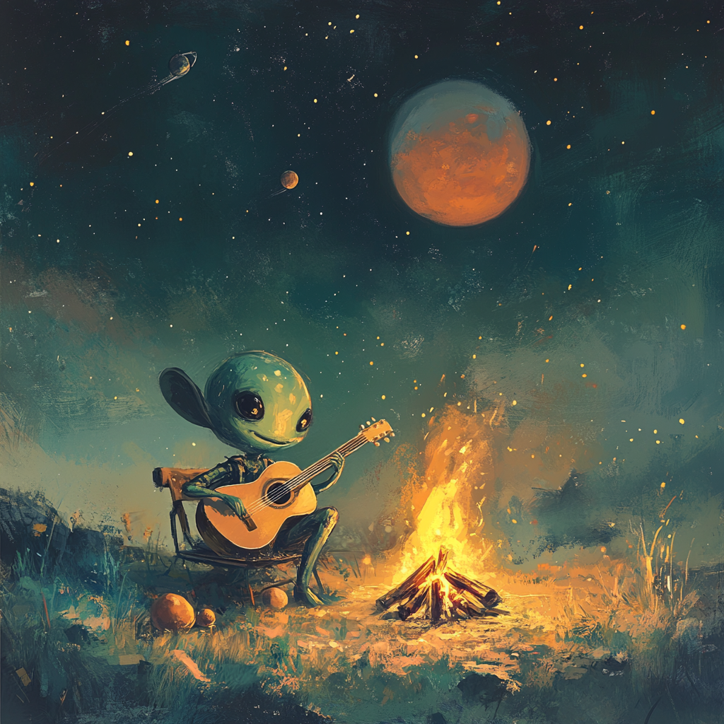 Alien Serenades the Peach Planet with Guitar