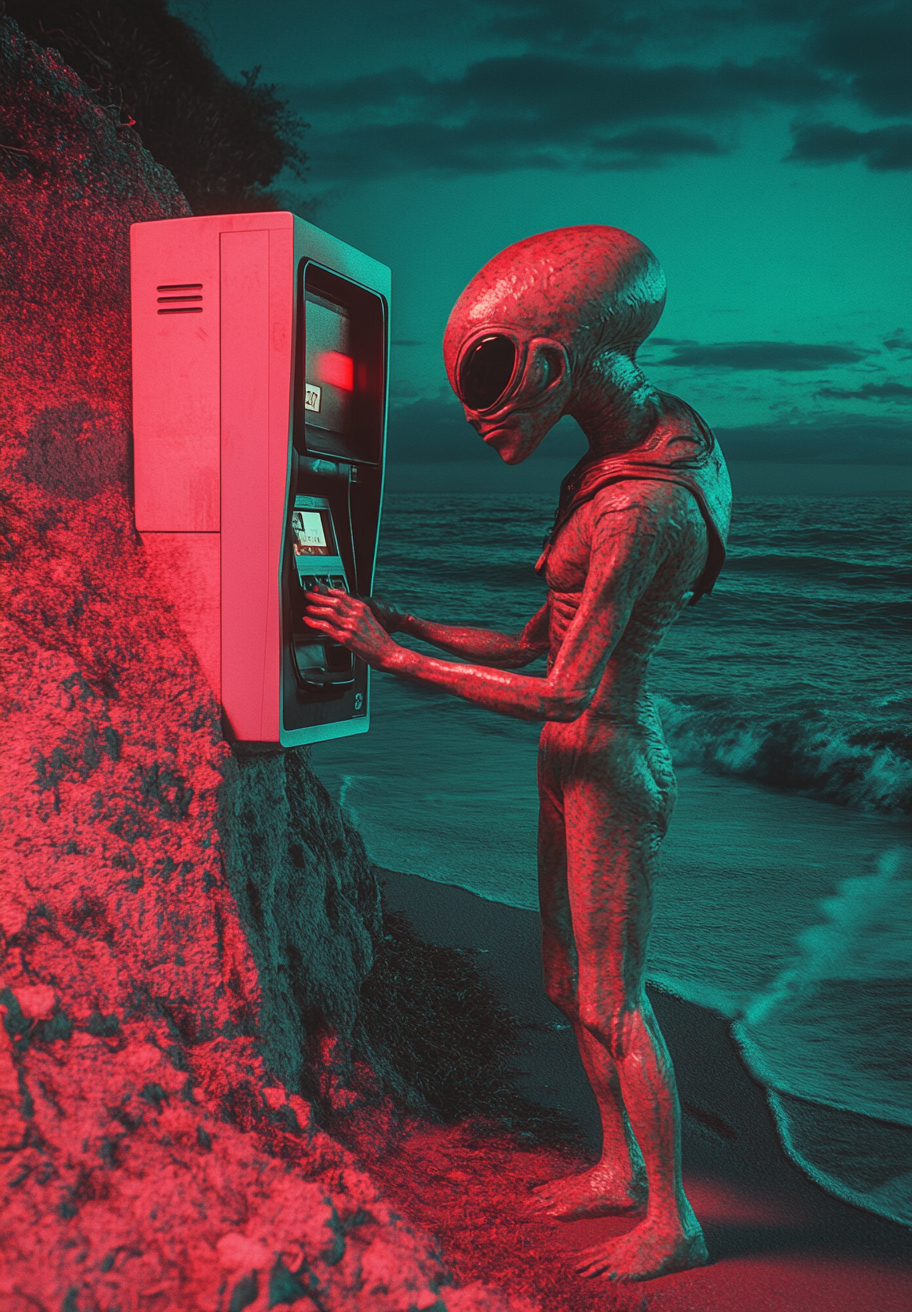 Alien Using ATM by the Sea from Above