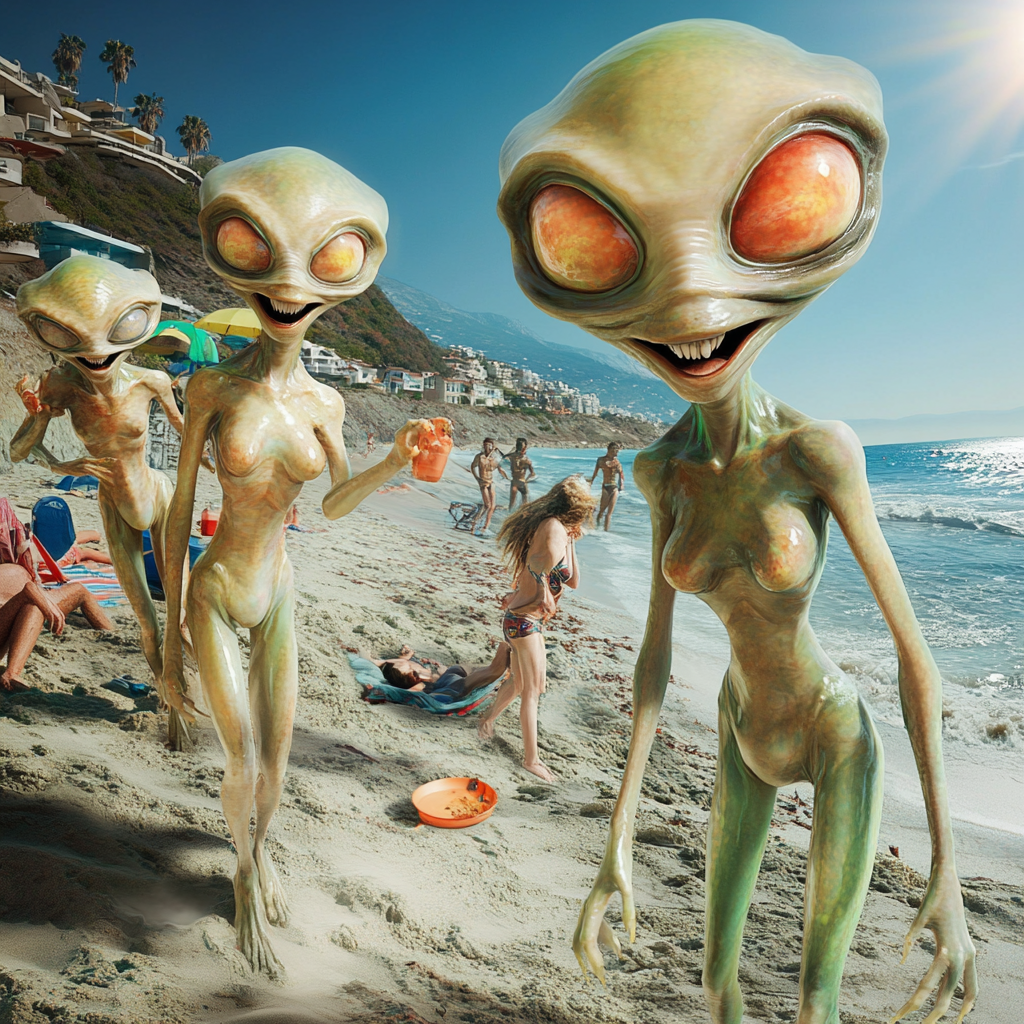 Alien adults enjoying beach - hyper realistic artwork