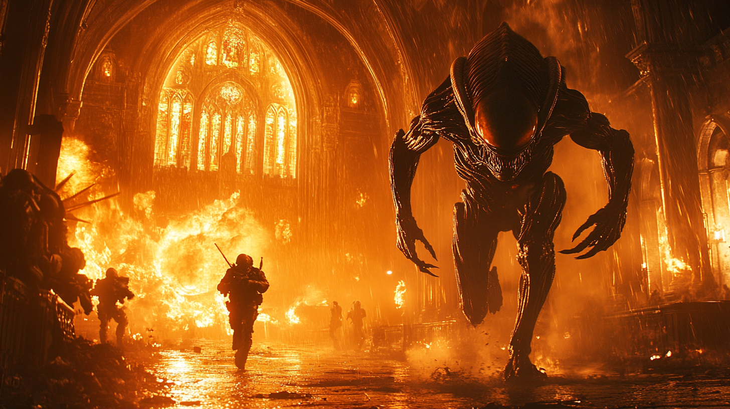 Alien and soldier run in exploding church at night.