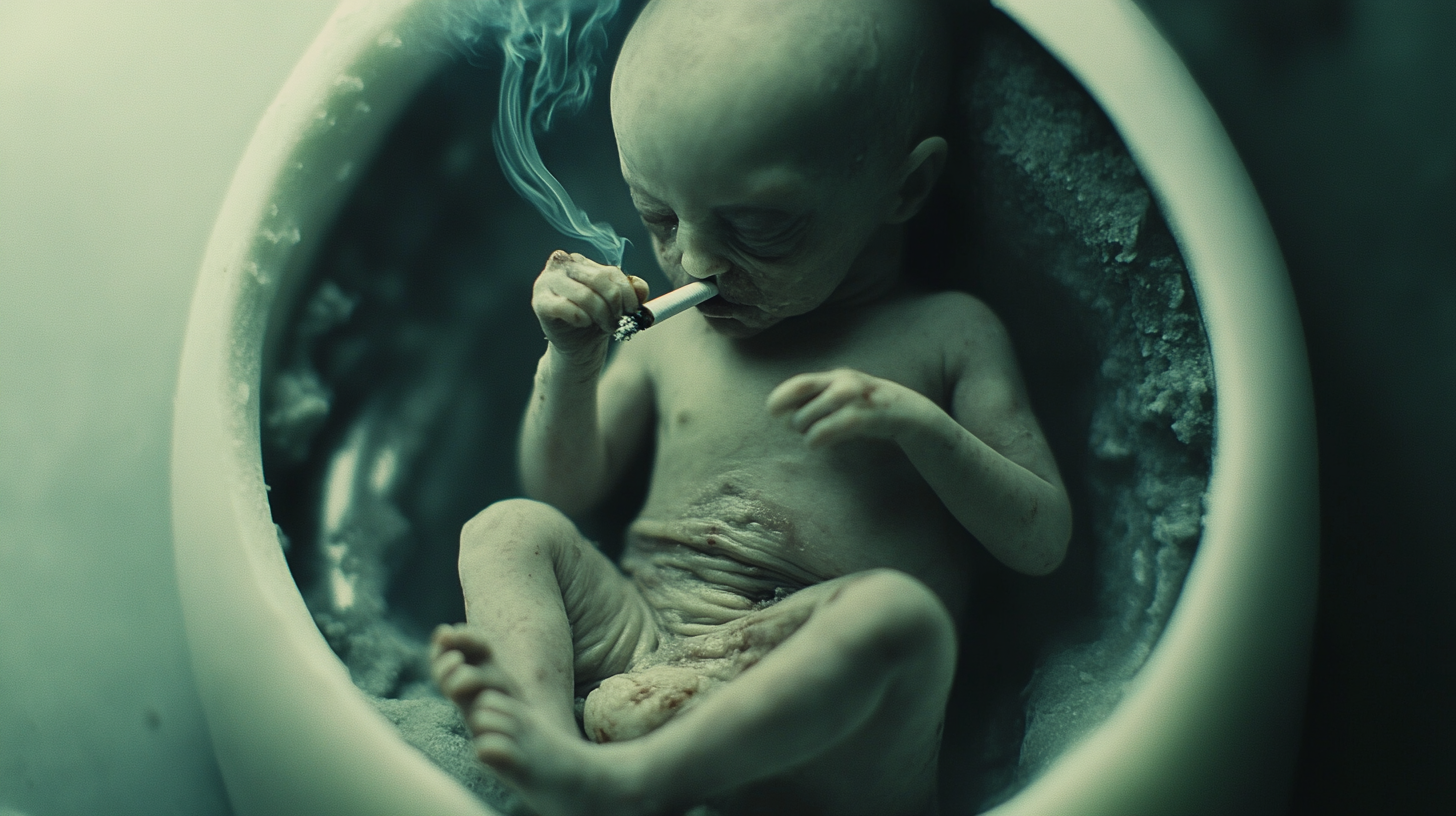 Alien baby smoking cigarette in womb, dark atmosphere.