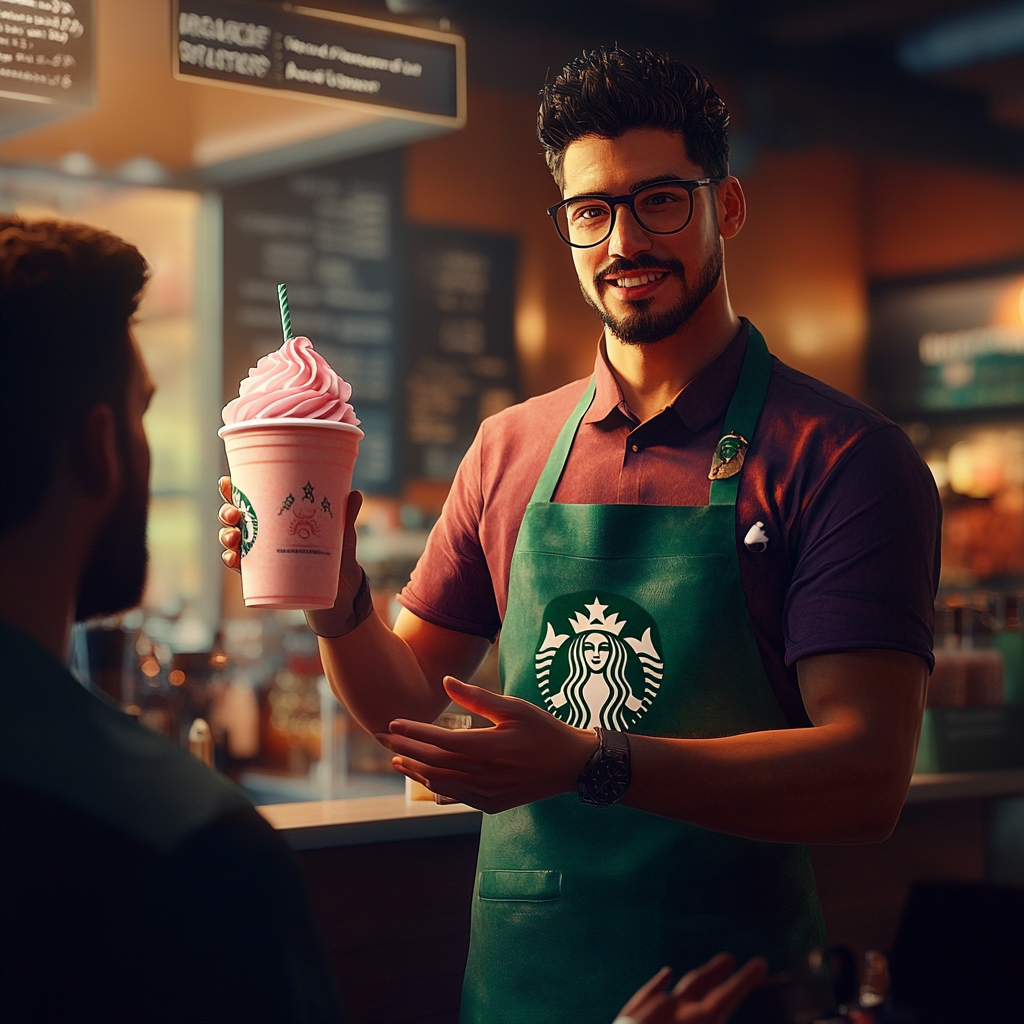 Alien barista in Starbucks apron gives customer drink.