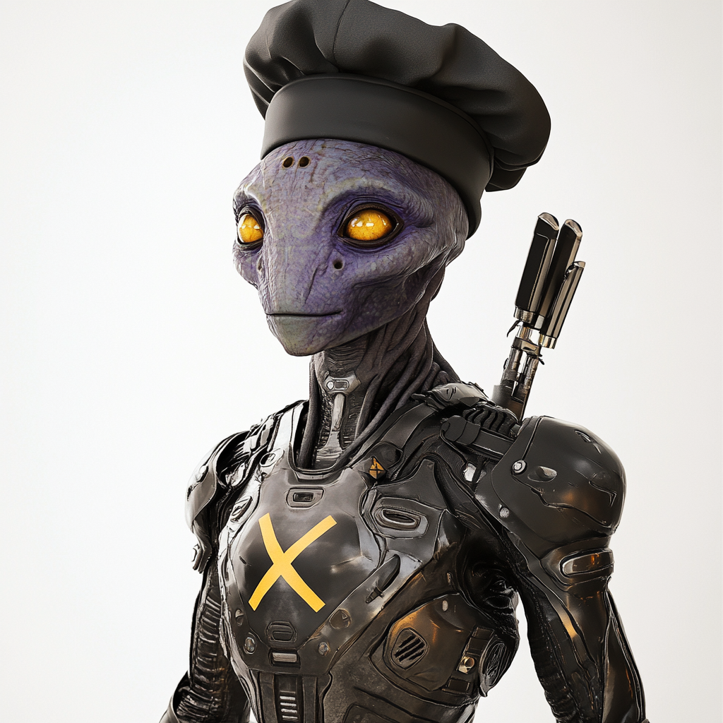 Alien chef in X armor with purple tint eyes