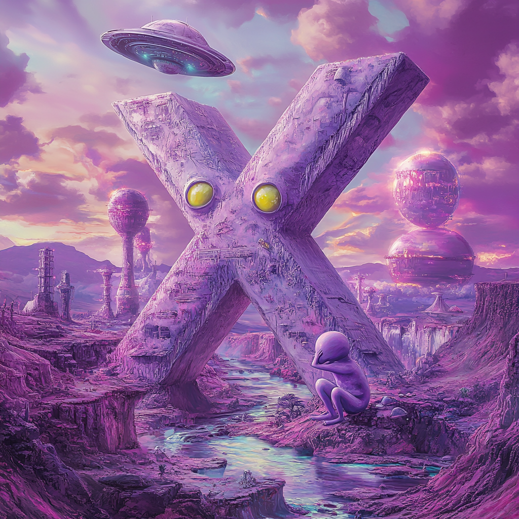 Alien creating X letter in purple, psychedelic space scene.