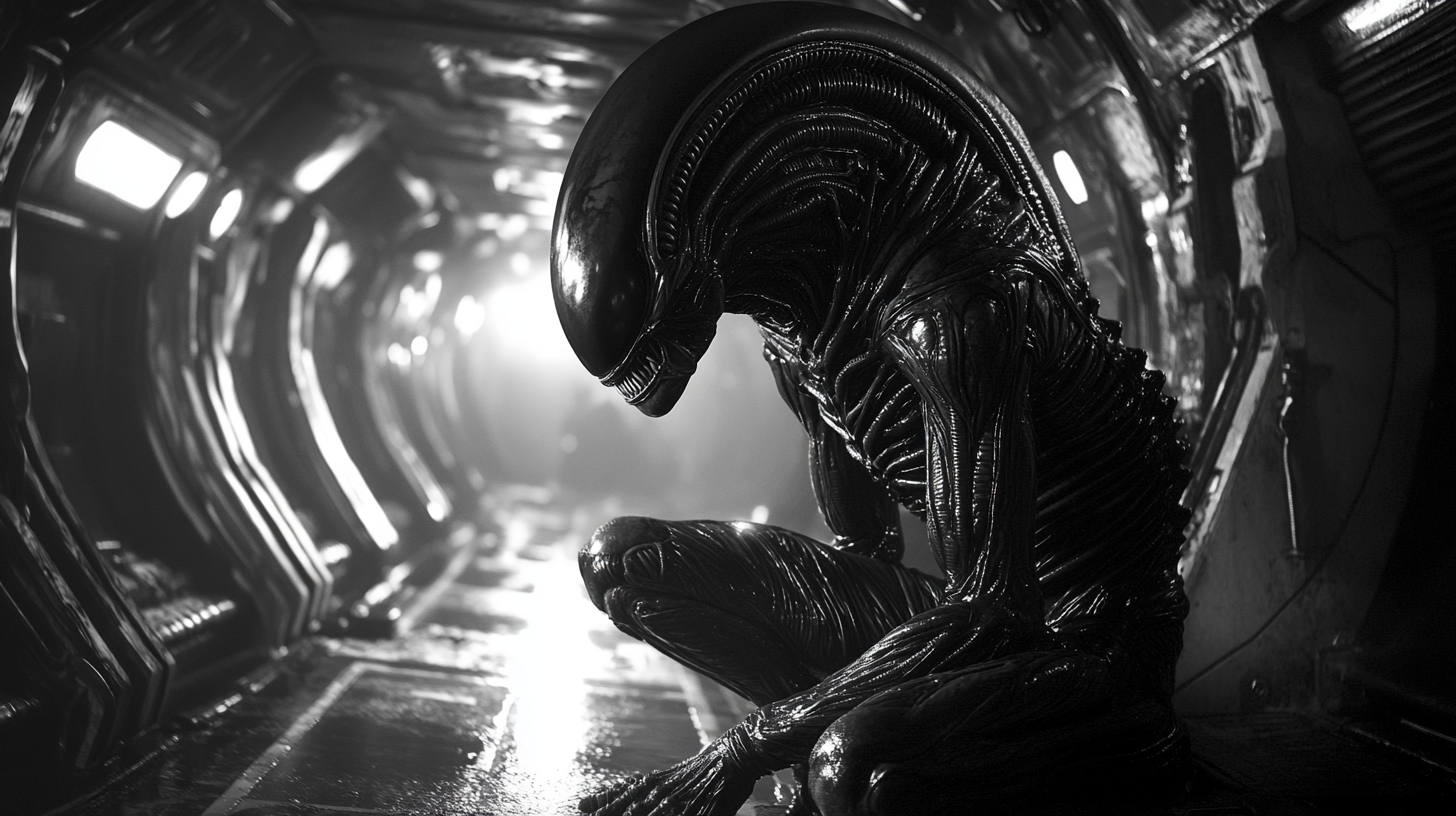 Alien creature in dark spaceship, mysterious and cinematic.