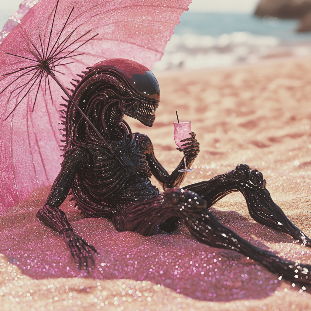 Alien creature relaxing on pink glitter beach with cocktail.