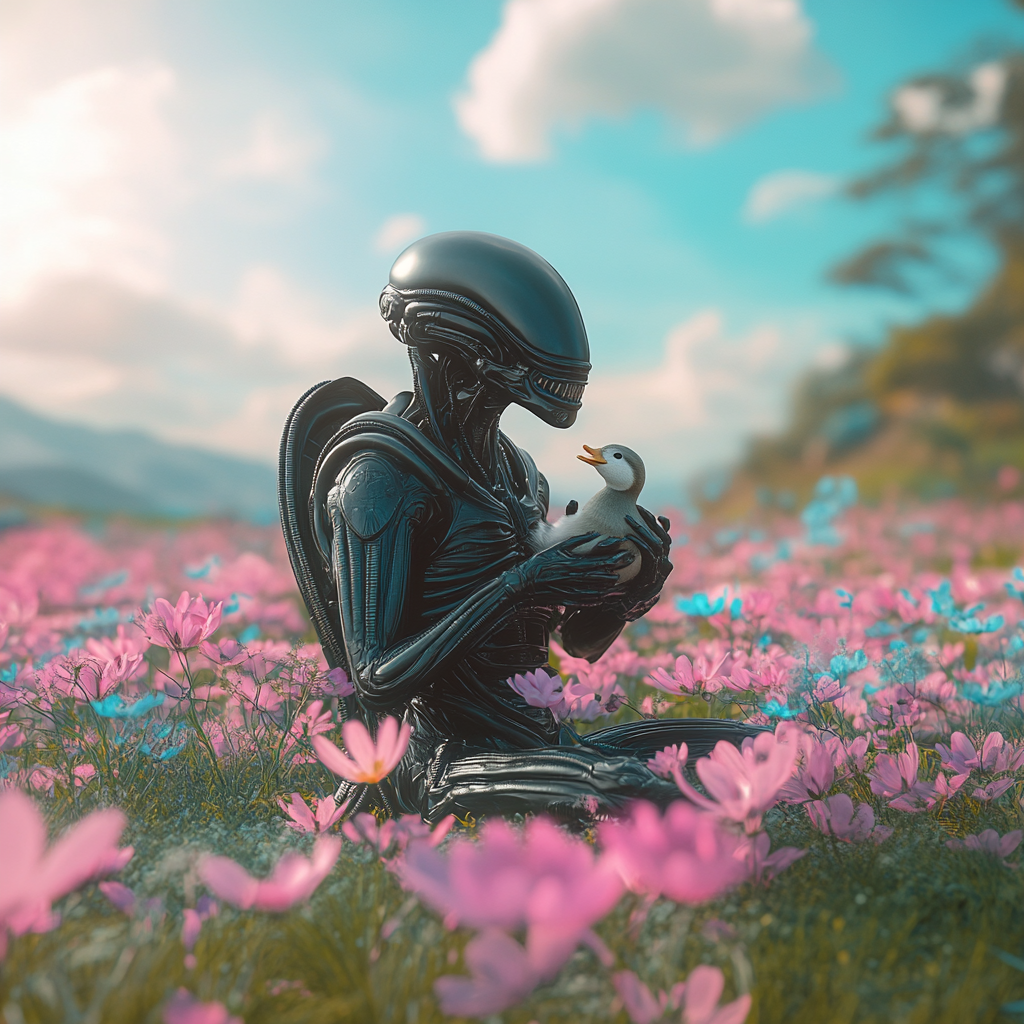 Alien creature with otter in flower field wallpaper