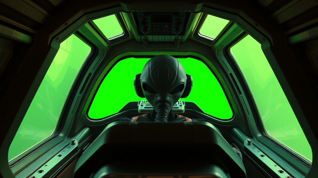 Alien flying spaceship with green screen windows.