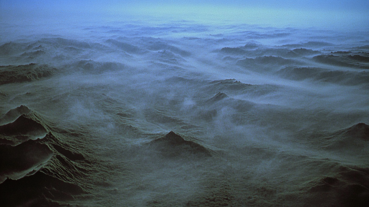 Alien fog covers twisted plants in vintage film scene.