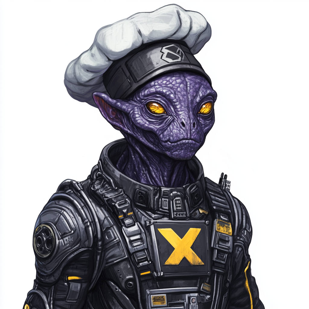 Alien in armor and chef hat with X logo.