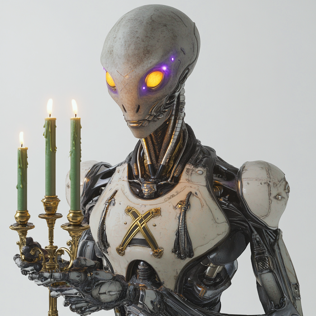 Alien in armor holding candlebra with green candles.