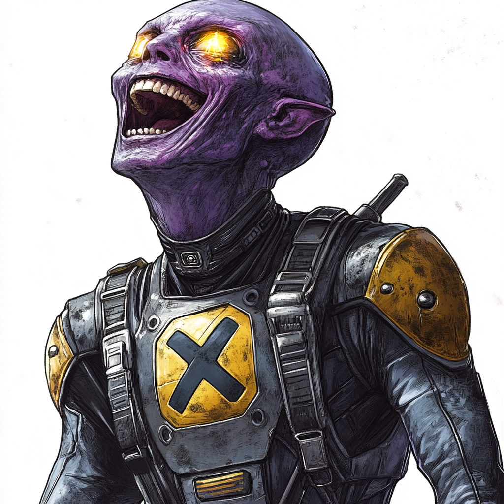 Alien in armor with X symbol laughing.