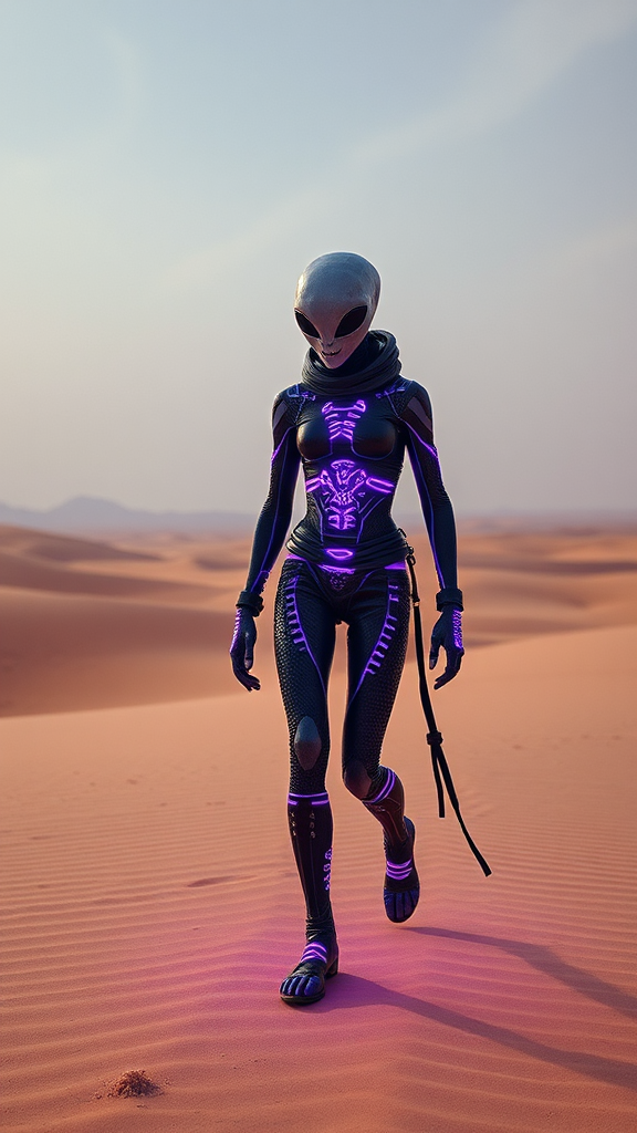 Alien in futuristic clothes walking in glowing desert.