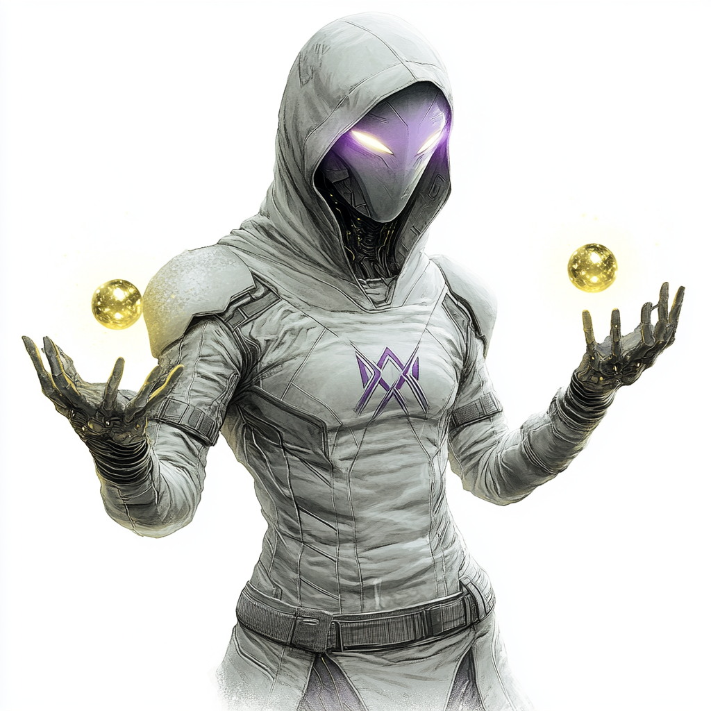 Alien in tech armor with X symbol holding spheres.