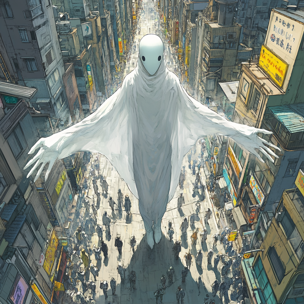 Alien in white robes greets humans in city