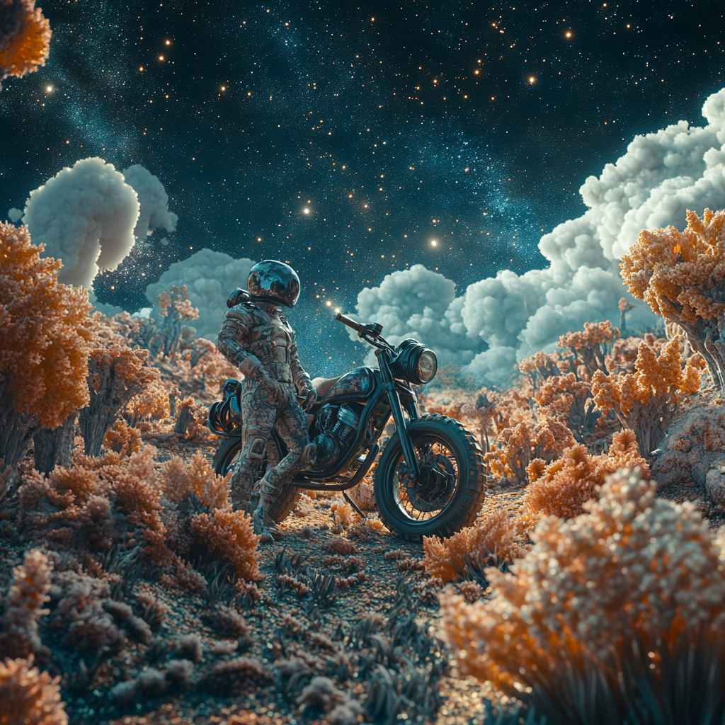 Alien landscape with motorcycle guarded by aliens.