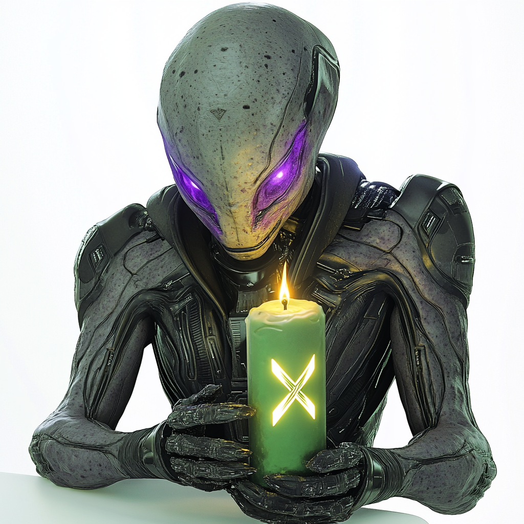 Alien lighting green candle with high tech device.